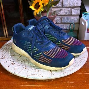 Bobs 10 by Sketchers Navy Multicolored Stripes Worn in Knit Sneakers